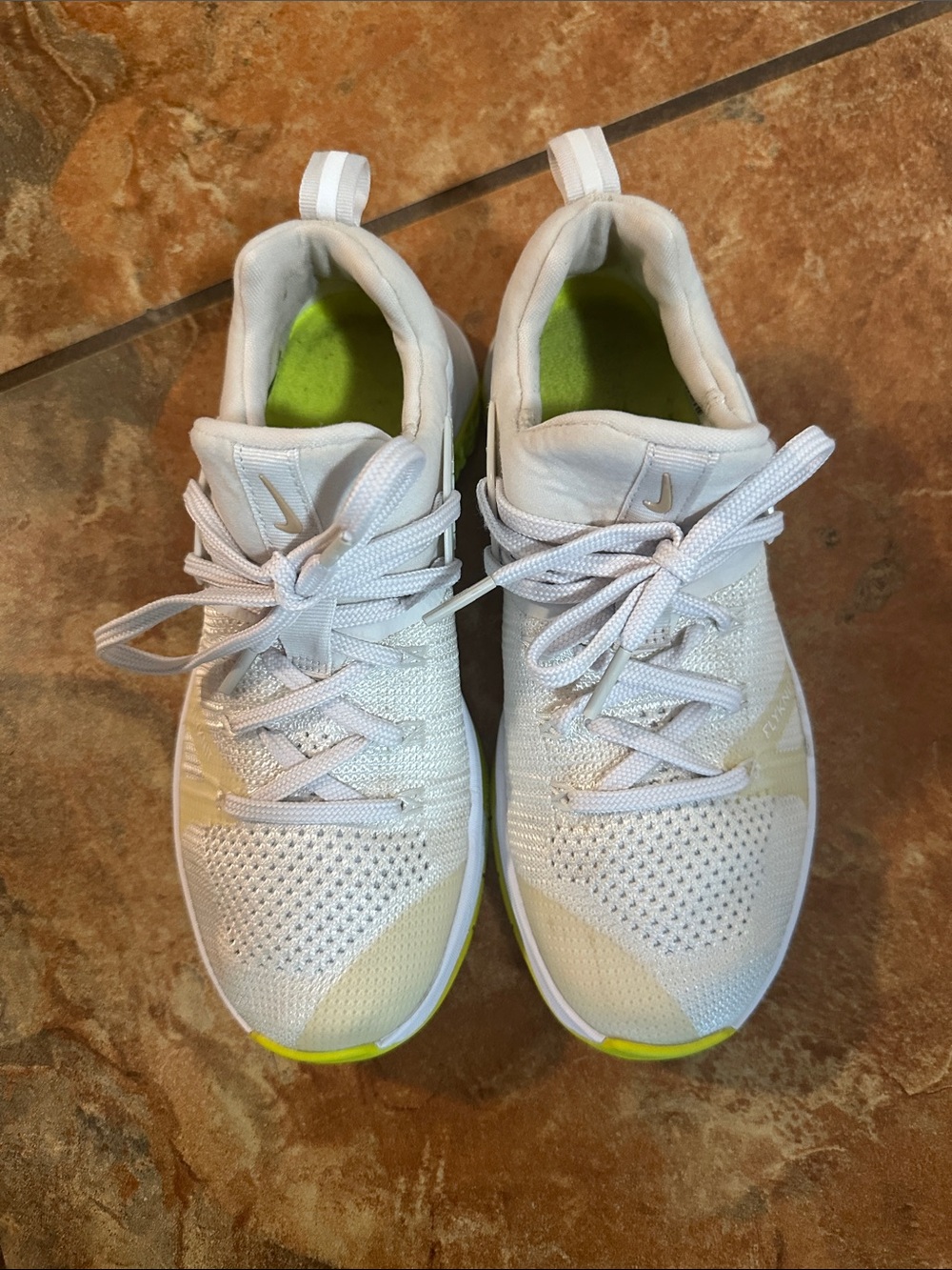 Nike Women’s White flyKnit Running Shoes with Lime Interior